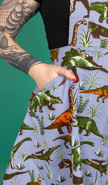 Blue Adventure Dinosaur Flared Pinafore Dress