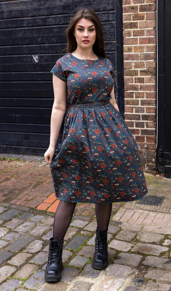 Vintage Tattoo Stretch Belted Dress