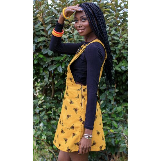 MUSTARD CORDUROY THE BEES KNEEZ BEE PRINT PINAFORE DRESS