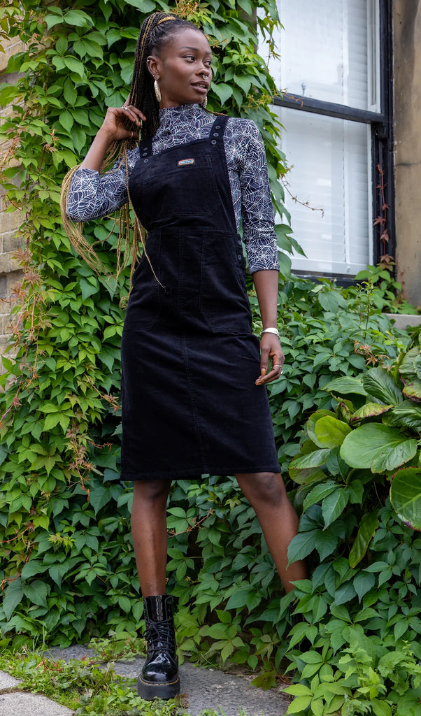 Black Stretch Corduroy Long Pinafore Dress