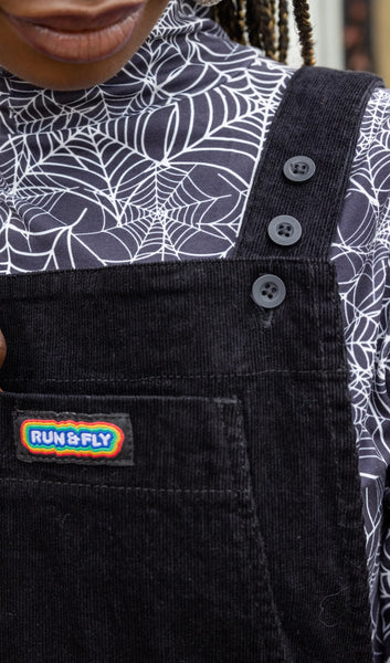 Black Stretch Corduroy Long Pinafore Dress