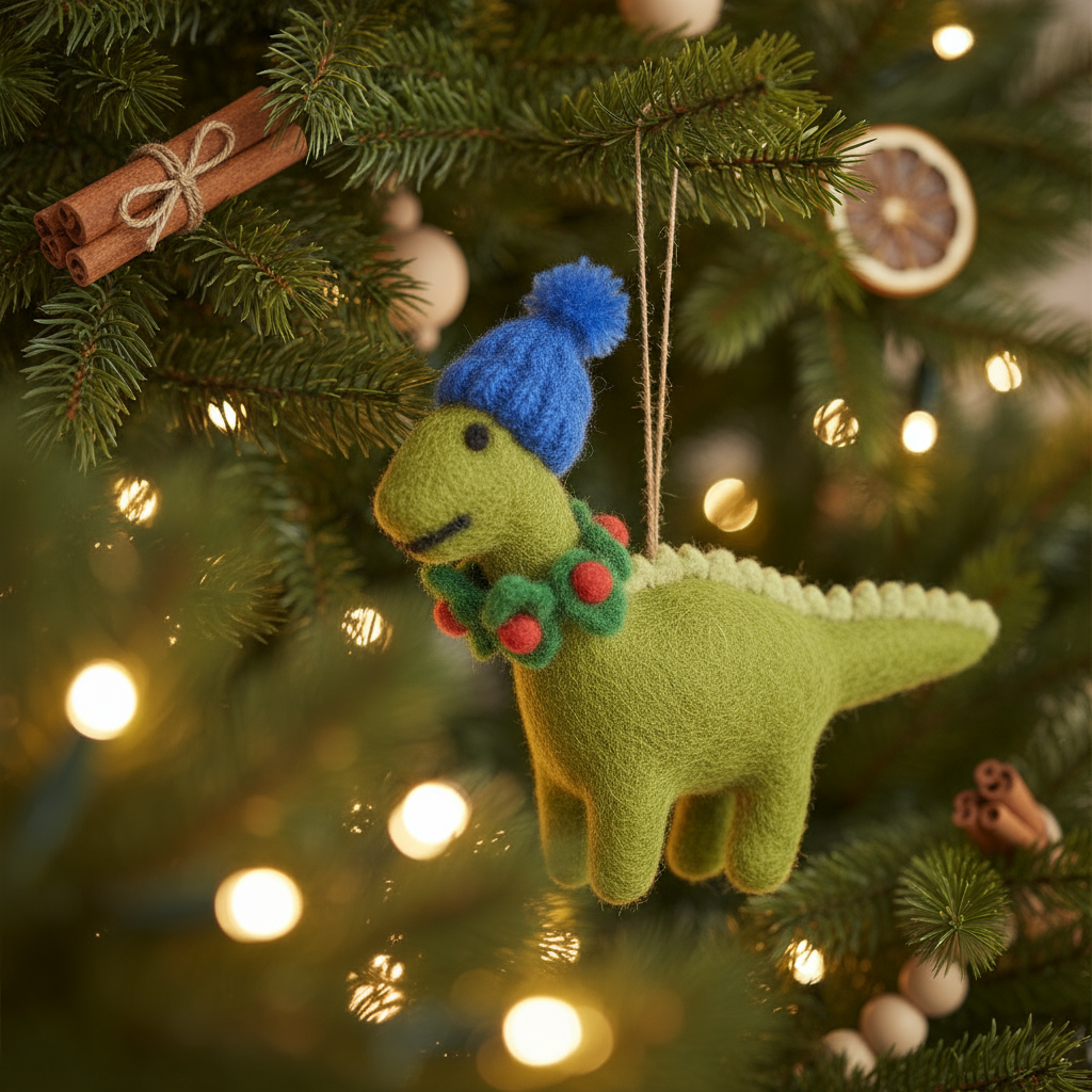 Handmade Biodegradable Felt Hanging Cosy Dinosaur Christmas
