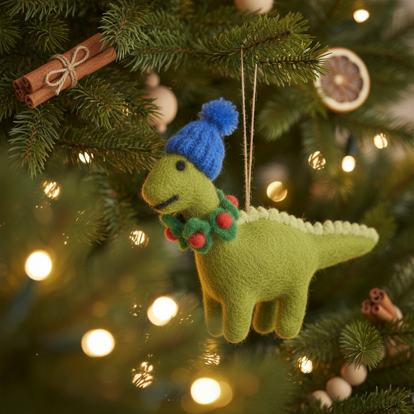 Handmade Biodegradable Felt Hanging Cosy Dinosaur Christmas