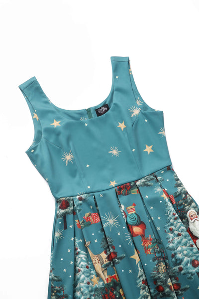 Amanda Dark Desaturated Cyan Christmas Santa Print Dress: 12