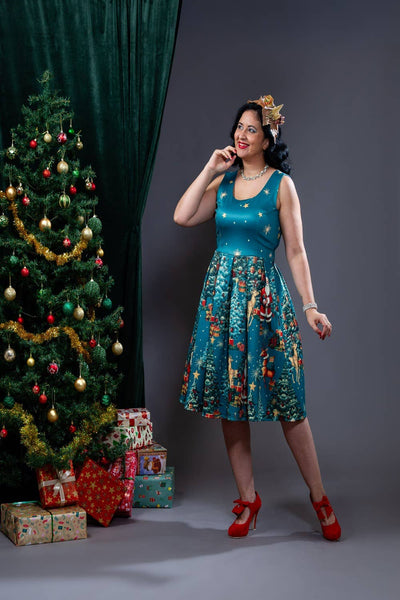 Amanda Dark Desaturated Cyan Christmas Santa Print Dress: 14
