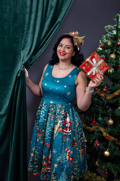 Amanda Dark Desaturated Cyan Christmas Santa Print Dress: 10