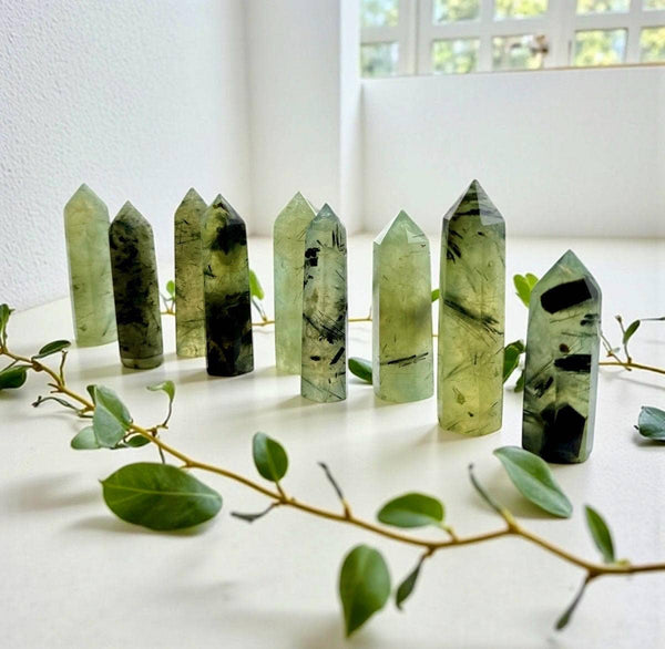 Prehnite Crystal Point with Black Tourmaline Rutile - Healing Stone