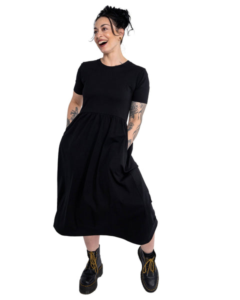 Rebel Romance Jet Black Stretch Midi Dress With Pockets: 8