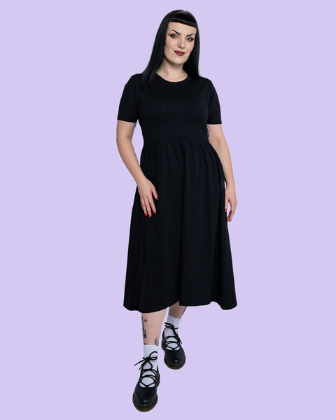 Rebel Romance Jet Black Stretch Midi Dress With Pockets: 10