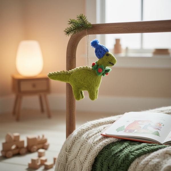 Handmade Biodegradable Felt Hanging Cosy Dinosaur Christmas