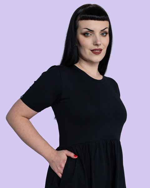 Rebel Romance Jet Black Stretch Midi Dress With Pockets: 18