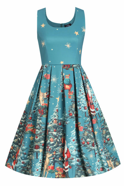 Amanda Dark Desaturated Cyan Christmas Santa Print Dress: 16