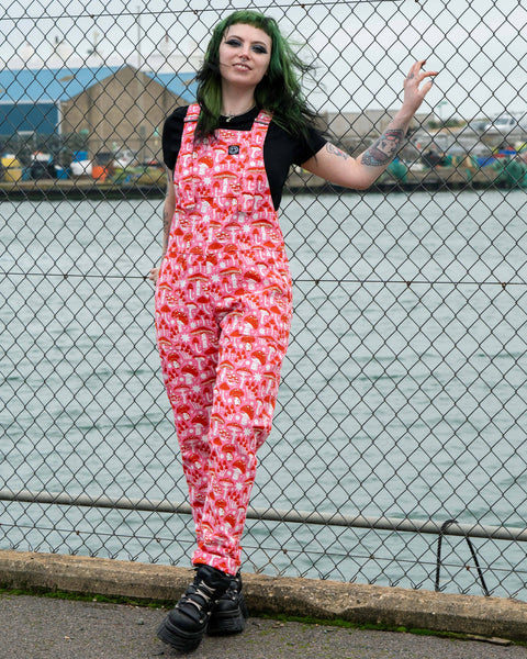 🍄Mushrooms Stretch Dungarees - Pink & Red🍄