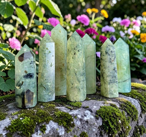 Prehnite Crystal Point with Black Tourmaline Rutile - Healing Stone