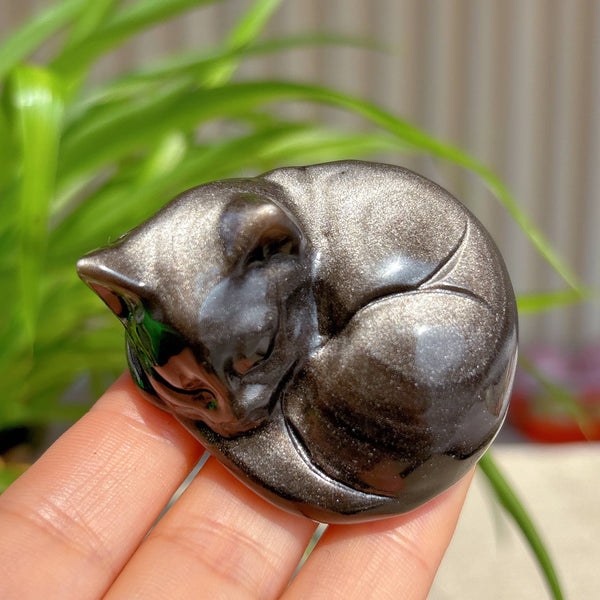 Sleepy Silver Obsidian Cat Sculpture, Black Cat Gift decor: 5.4cm