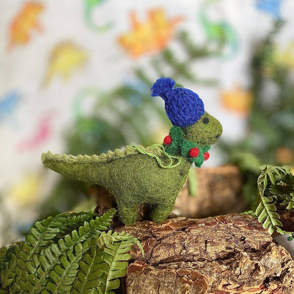 Handmade Biodegradable Felt Hanging Cosy Dinosaur Christmas
