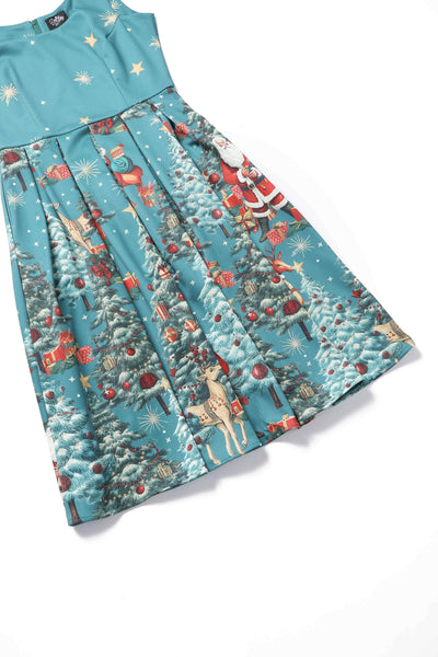 Amanda Dark Desaturated Cyan Christmas Santa Print Dress: 16