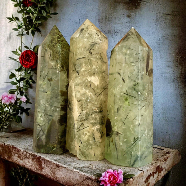 Prehnite Crystal Point with Black Tourmaline Rutile - Healing Stone