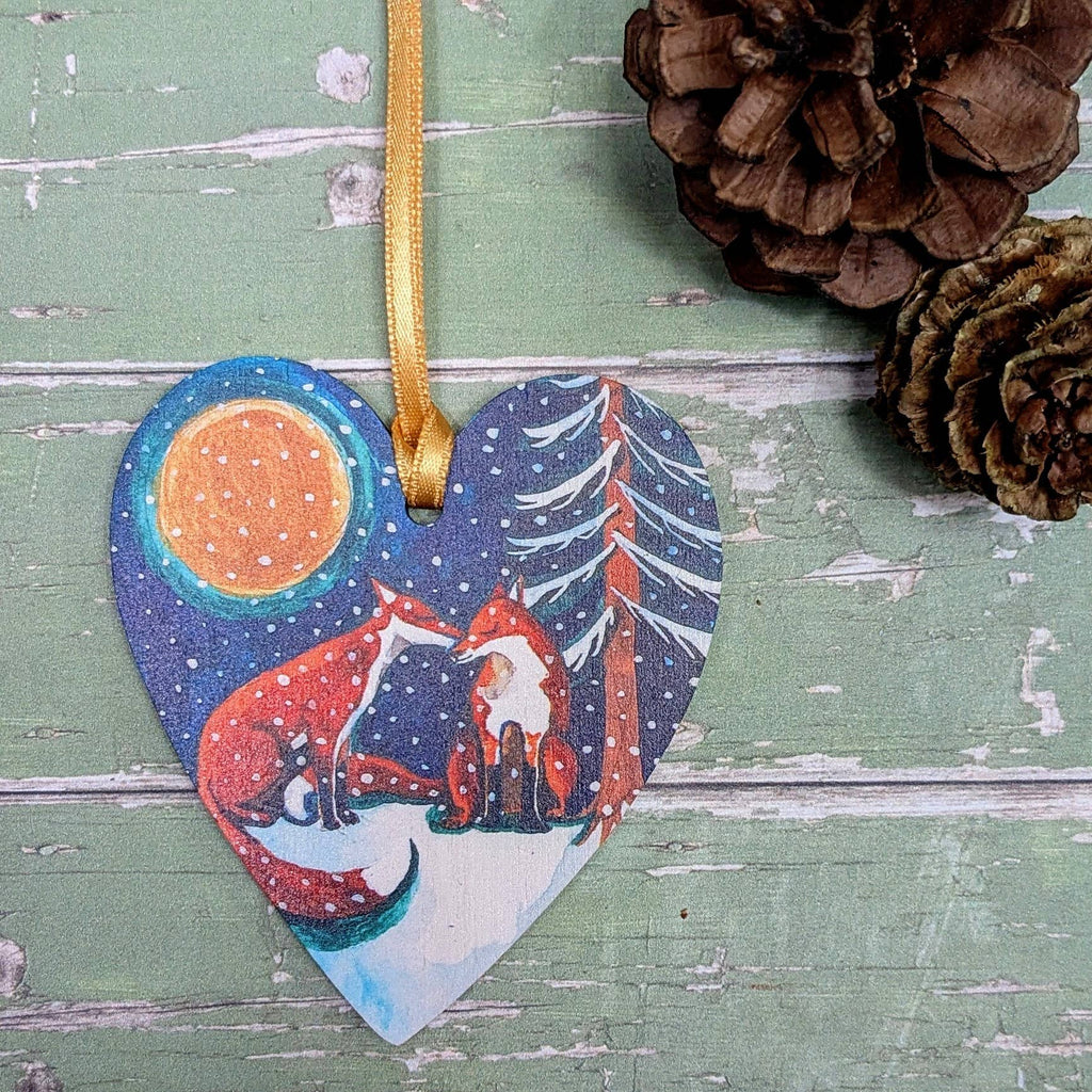 Christmas Foxes Heart Wooden Decoration