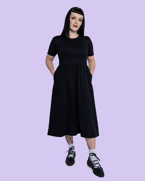 Rebel Romance Jet Black Stretch Midi Dress With Pockets: 12