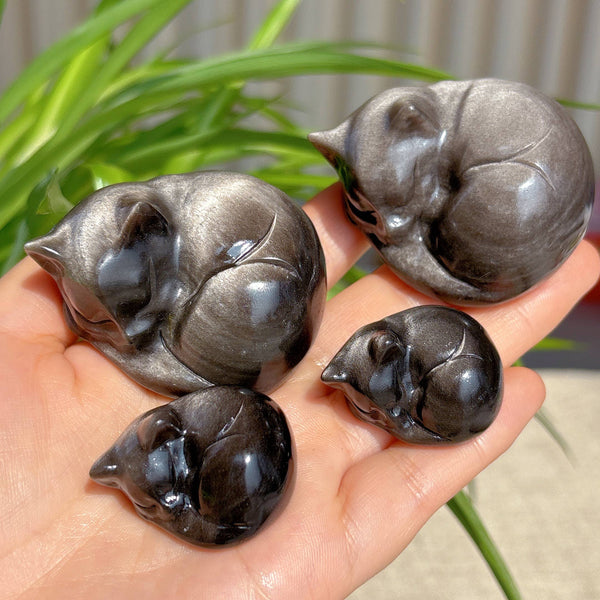 Sleepy Silver Obsidian Cat Sculpture, Black Cat Gift decor: 5.4cm