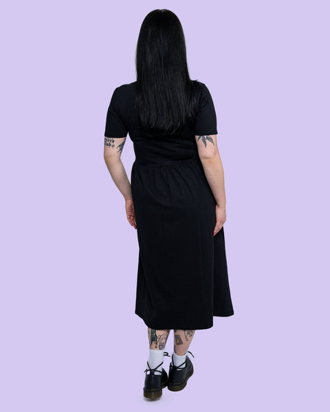 Rebel Romance Jet Black Stretch Midi Dress With Pockets: 18