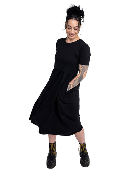 Rebel Romance Jet Black Stretch Midi Dress With Pockets: 8