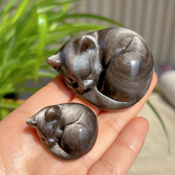 Sleepy Silver Obsidian Cat Sculpture, Black Cat Gift decor: 3cm