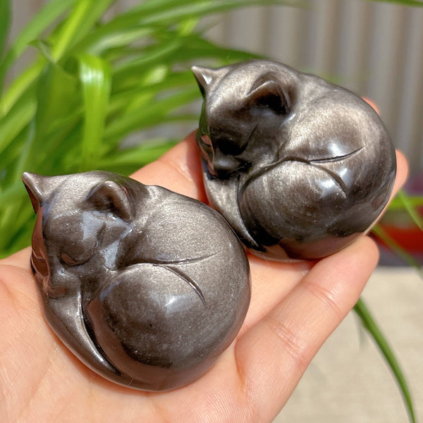 Sleepy Silver Obsidian Cat Sculpture, Black Cat Gift decor: 3cm