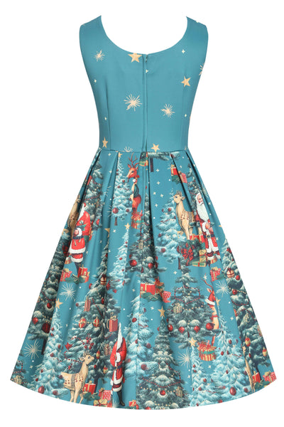 Amanda Dark Desaturated Cyan Christmas Santa Print Dress: 10