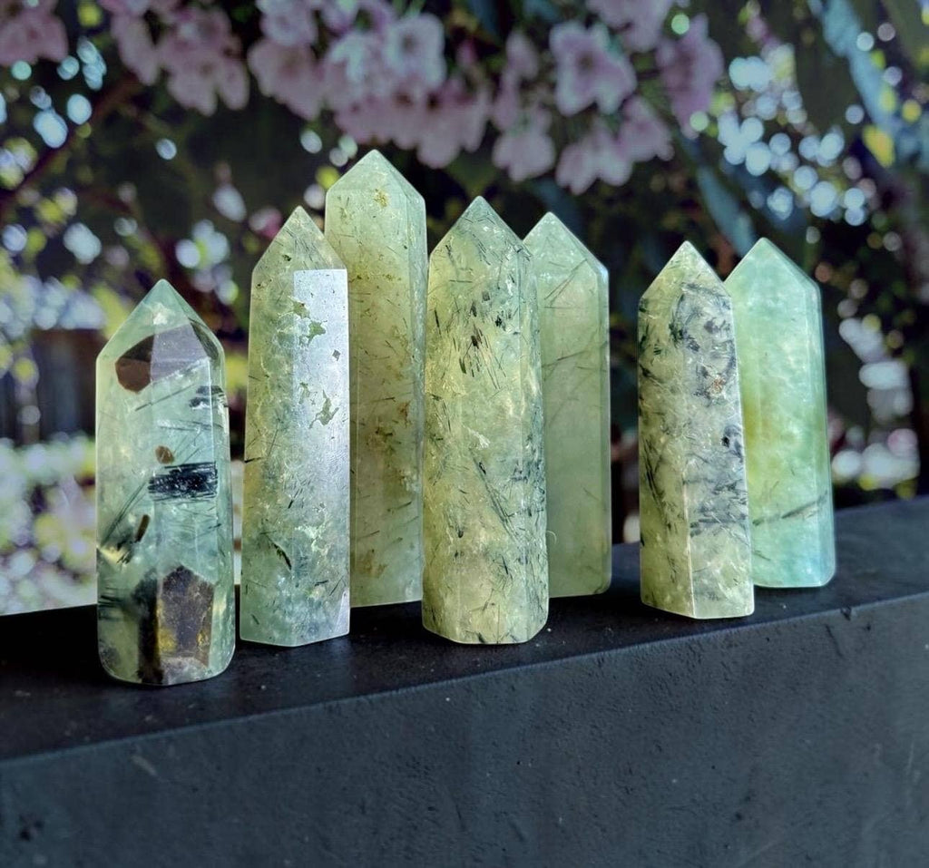 Prehnite Crystal Point with Black Tourmaline Rutile - Healing Stone