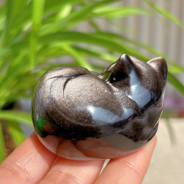 Sleepy Silver Obsidian Cat Sculpture, Black Cat Gift decor: 3cm