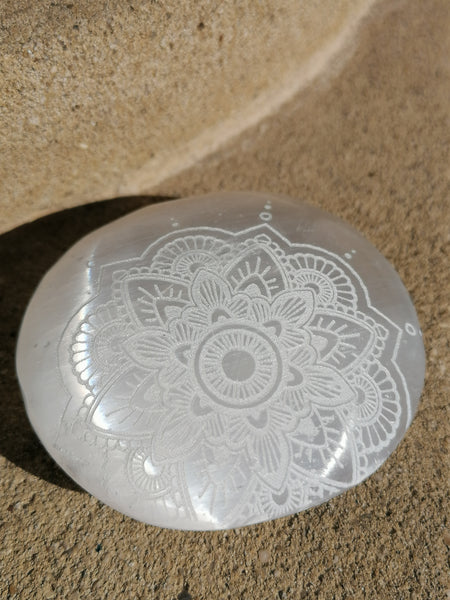 Selenite Mandala Flower palmstone